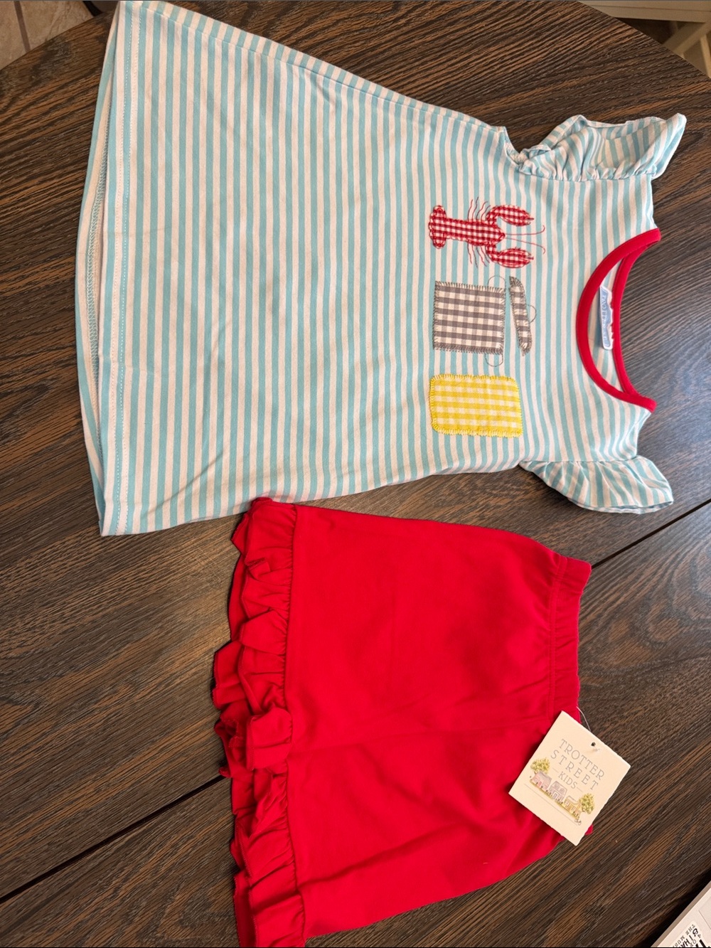 Trotter Street Kids Girls Striped Tee with Red Ruffle Shorts - Blue, White & Red